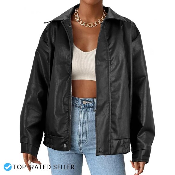 Oversized Faux Leather Bomber Jacket Y2K Moto Biker Chic Winter Outwear